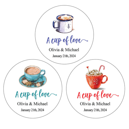 Set Personalized Thank you and A Cup of Love Round Stickers size 1.35 - 3.3 inch for Package Decal Seal Cute Watercolor Coffee Mug Pattern