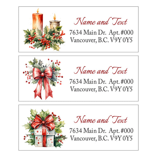 Set 30 Personalized Return Address Labels Watercolor Christmas Holly Bushes red Berries Ribbon Gift Box Pattern