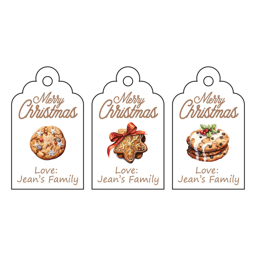 Pack 18 Personalized Merry Christmas Tags with Cute Christmas Cookies Pattern