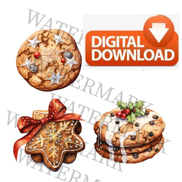 Digital Download Clipart Christmas Themed Watercolor Christmas Cookies with Ribbon Pattern png clear background