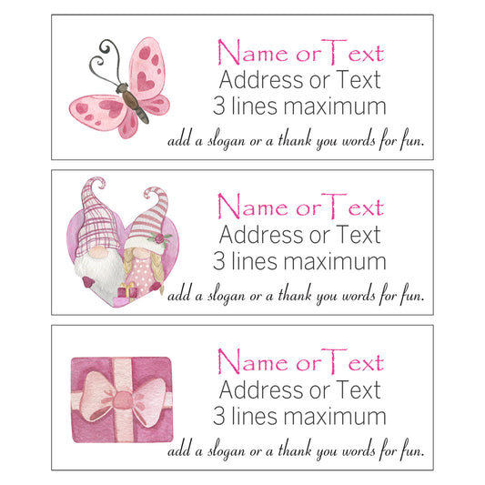 Set 30 Personalized Return Address Labels Watercolor Ribbon Gift Box Butterfly Dwarf Gnome Pattern