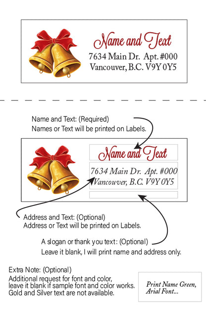 Set 30 Personalized Return Address Labels Watercolor Christmas Bell Ornament Sock Gift Box Pattern