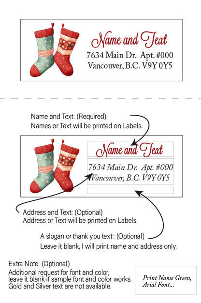Set 30 Personalized Return Address Labels Watercolor Christmas Bell Ornament Sock Gift Box Pattern