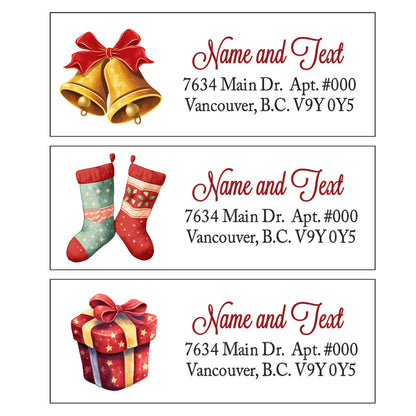 Set 30 Personalized Return Address Labels Watercolor Christmas Bell Ornament Sock Gift Box Pattern