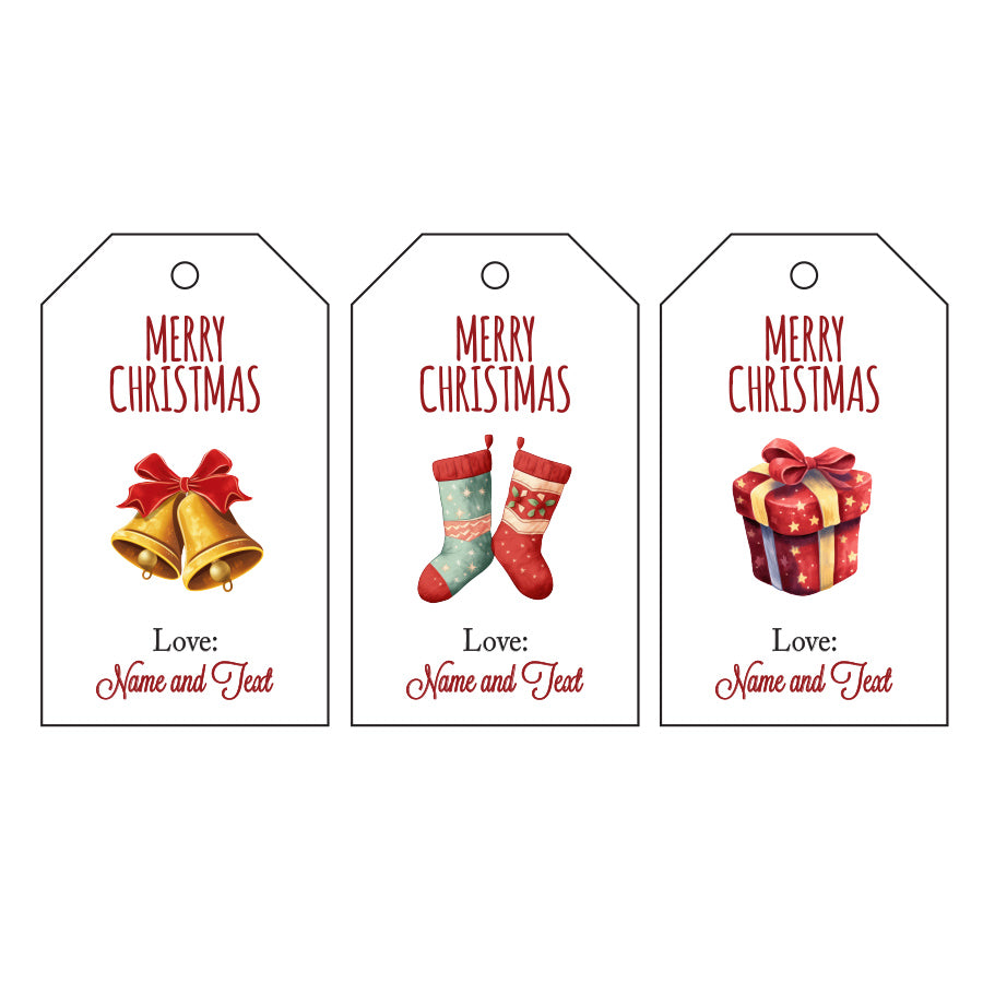 Pack 12 Personalized Merry Christmas Tags with Cute Christmas Socks Gift Box Pattern