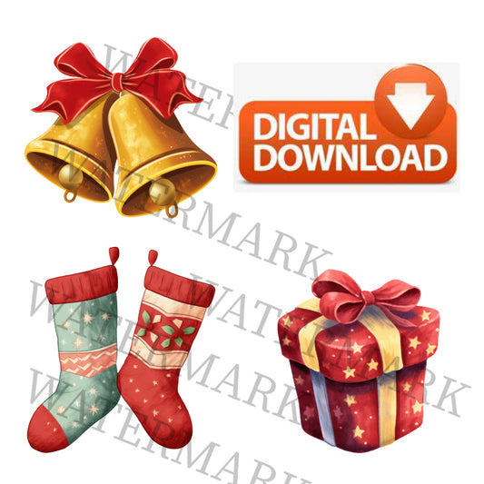 Digital Download Clipart Christmas Themed Watercolor Christmas Bells with Ribbon Socks Gift Box Pattern PNG clear background