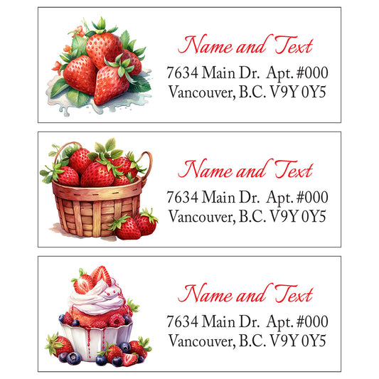 Set 30 Personalized Return Address Labels Watercolor Strawberries Baskets Flowers Pattern