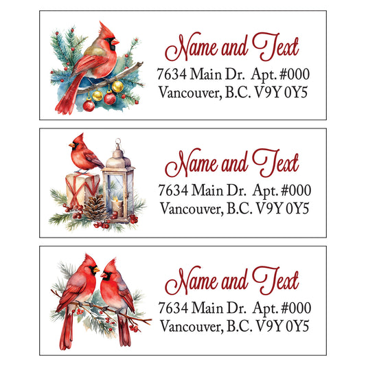 Set 30 Personalized Return Address Labels Watercolor Christmas Red Bird Cardinal Pattern