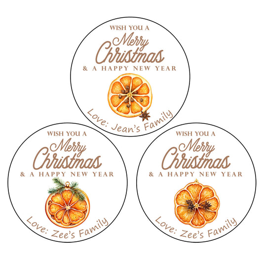 One Sheet Personalized Merry Christmas Stickers - Round Shape - Size 1.3” – 3.5” Watercolor dry orange slice ornament Pattern Perfect for Gift Package Engagement Party Decorations