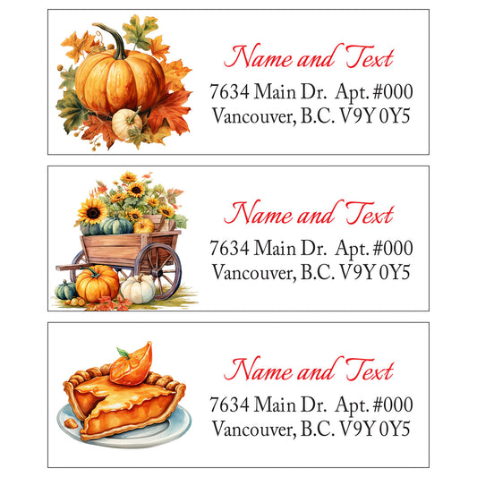Set 30 Personalized Return Address Labels Watercolor Pumpkin Pie wagon Pattern