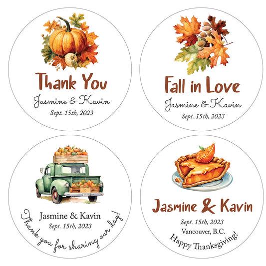 Set Personalized Thank you and Happy Thanksgiving Round Stickers size 1.35 - 3.3 inch for Package Decal Seal Cute Watercolor Pumpkin Pie maple leaf Pattern