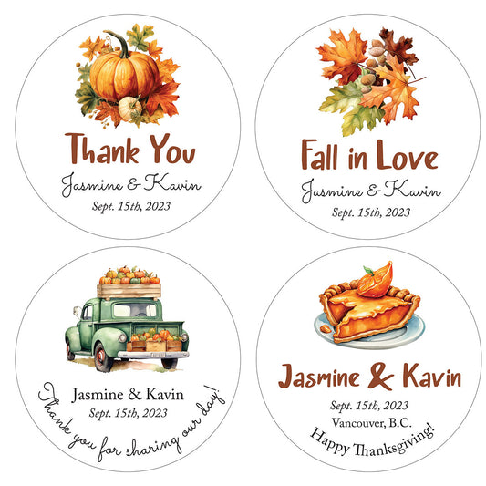 One sheet Personalized Thank you and Happy Thanksgiving Round Stickers size 1.35 - 3.3 inch for Package Decal Seal Cute Watercolor Pumpkin Pie maple leaf Pattern