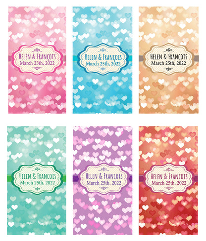 Set 24 Personalized Names and Date Candy Bar Wrappers Stickers for HERSHEY'S Miniatures Chocolates Glitter Hearts Pattern