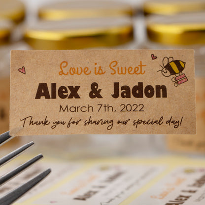 Set 24 Personalized Love is Sweet Thank you stickers For Wedding Bridal Baby Shower cute hand draw bees Hearts pattern for 1.5oz Glass Jars