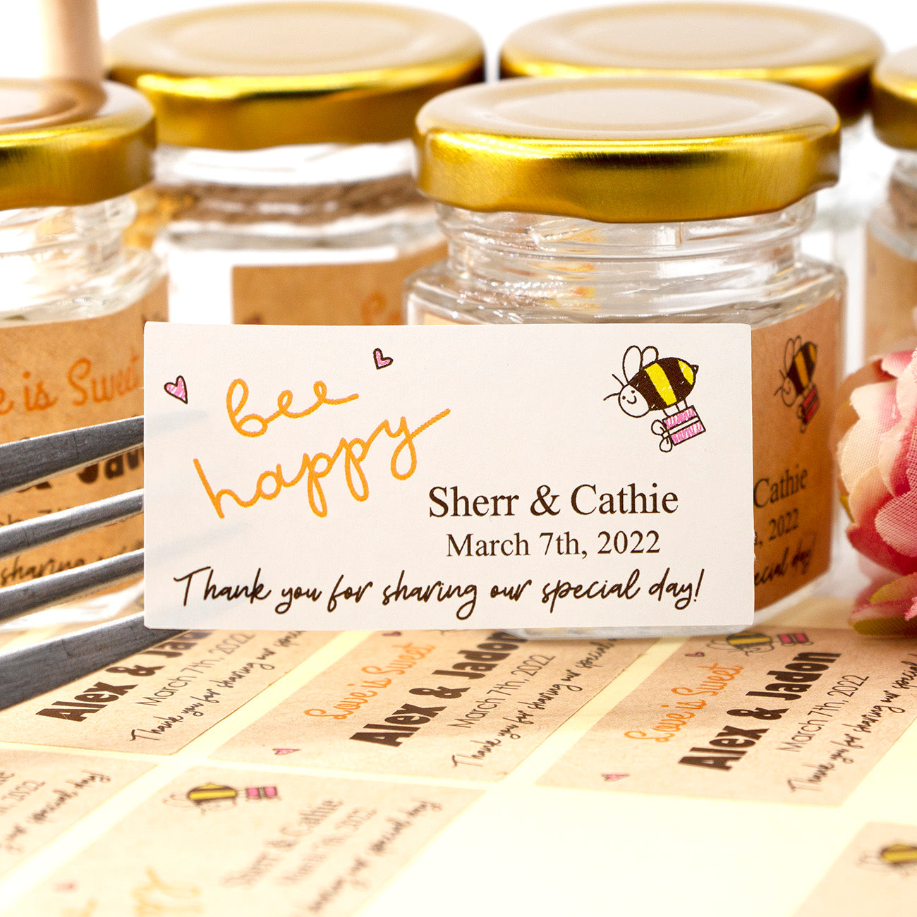 Set 24 Personalized Bee Happy Thank you stickers For Wedding Bridal Baby Shower cute hand draw bees Hearts pattern for 1.5oz Glass Jars