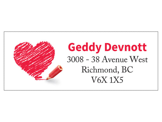 Set 30 Personalized Return Address Pencil Drawing Red Heart Pattern