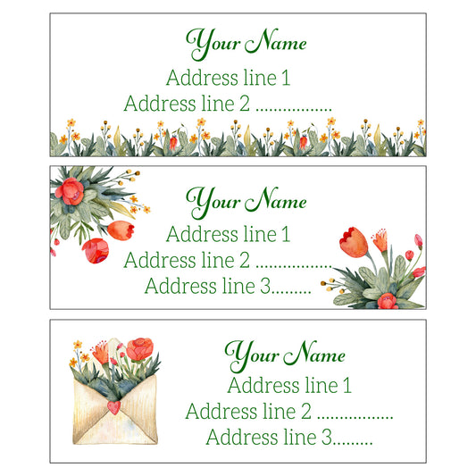 Set 30 Personalized Return Address Spring Flowers Envelope and Heart Cute Design 3 Patterns Available